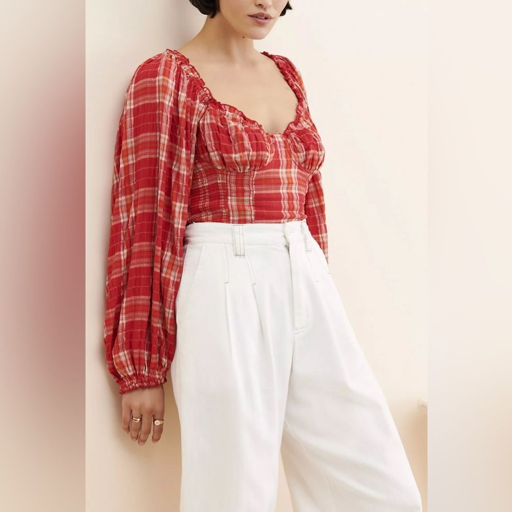 Free People women’s Cherry Bomb Red Plaid Top size XS GUC plaid preppy holiday